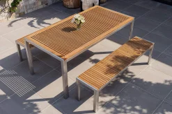 Falun Garten-Essgruppe, braun/silber, Edelstahl/Teakholz, 180 x 90 cm Tisch und 2 Bänke 160 x 38 cm Garten-Essgruppen