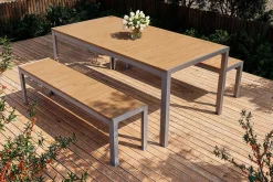 Falun Garten-Essgruppe, braun/silber, Edelstahl/Teakholz, 180 x 90 cm Tisch und 2 Bänke 160 x 38 cm Garten-Essgruppen