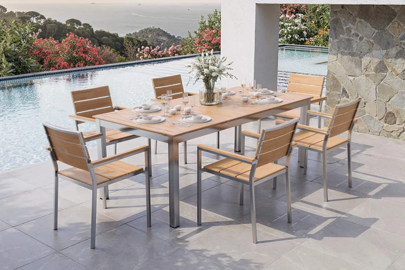 Falun Garten-Essgruppe mit 6 Sesseln, braun, Edelstahl/Teakholz, 200 x 100 cm ausziehbar, stapelbar, FSC®-zertifiziertes Produkt Garten-Essgruppen|Edelstahl-Gartenmöbel