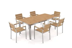 Falun Garten-Essgruppe mit 6 Sesseln, braun, Edelstahl/Teakholz, 200 x 100 cm ausziehbar, stapelbar, FSC®-zertifiziertes Produkt Garten-Essgruppen|Edelstahl-Gartenmöbel