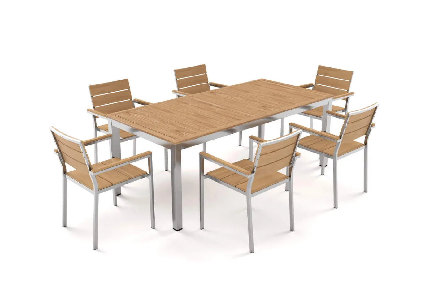 Falun Garten-Essgruppe mit 6 Sesseln, braun, Edelstahl/Teakholz, 200 x 100 cm ausziehbar, stapelbar, FSC®-zertifiziertes Produkt Garten-Essgruppen|Edelstahl-Gartenmöbel