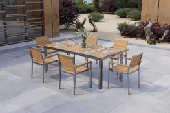 Falun Garten-Essgruppe mit 6 Sesseln, braun, Edelstahl/Teakholz, 200 x 100 cm ausziehbar, stapelbar, FSC®-zertifiziertes Produkt Garten-Essgruppen|Edelstahl-Gartenmöbel