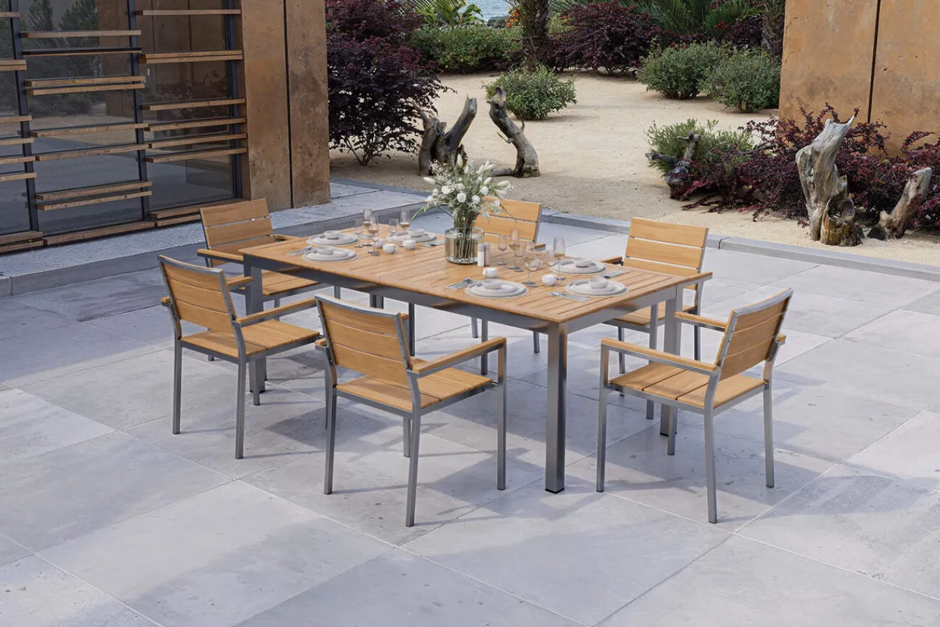 Falun Garten-Essgruppe mit 6 Sesseln, braun, Edelstahl/Teakholz, 200 x 100 cm ausziehbar, stapelbar, FSC®-zertifiziertes Produkt Garten-Essgruppen|Edelstahl-Gartenmöbel