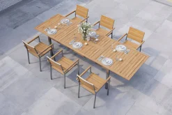 Falun Garten-Essgruppe mit 6 Sesseln, braun, Edelstahl/Teakholz, 200 x 100 cm ausziehbar, stapelbar, FSC®-zertifiziertes Produkt Garten-Essgruppen|Edelstahl-Gartenmöbel