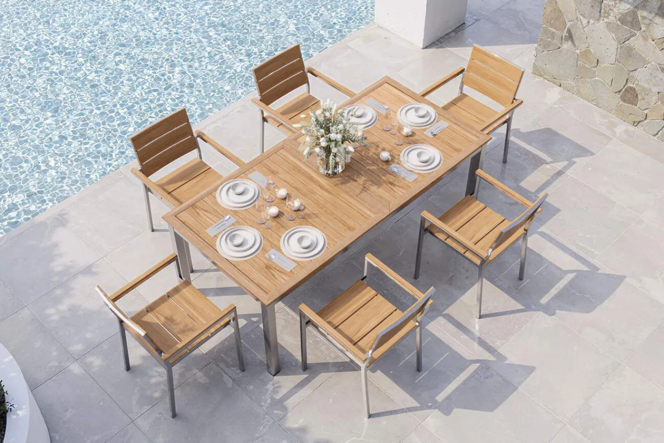 Falun Garten-Essgruppe mit 6 Sesseln, braun, Edelstahl/Teakholz, 200 x 100 cm ausziehbar, stapelbar, FSC®-zertifiziertes Produkt Garten-Essgruppen|Edelstahl-Gartenmöbel