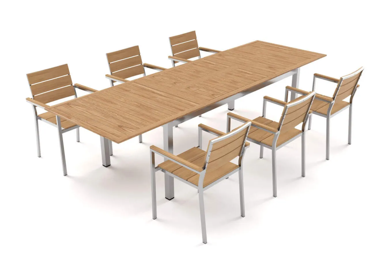 Falun Garten-Essgruppe mit 6 Sesseln, braun, Edelstahl/Teakholz, 200 x 100 cm ausziehbar, stapelbar, FSC®-zertifiziertes Produkt Garten-Essgruppen|Edelstahl-Gartenmöbel