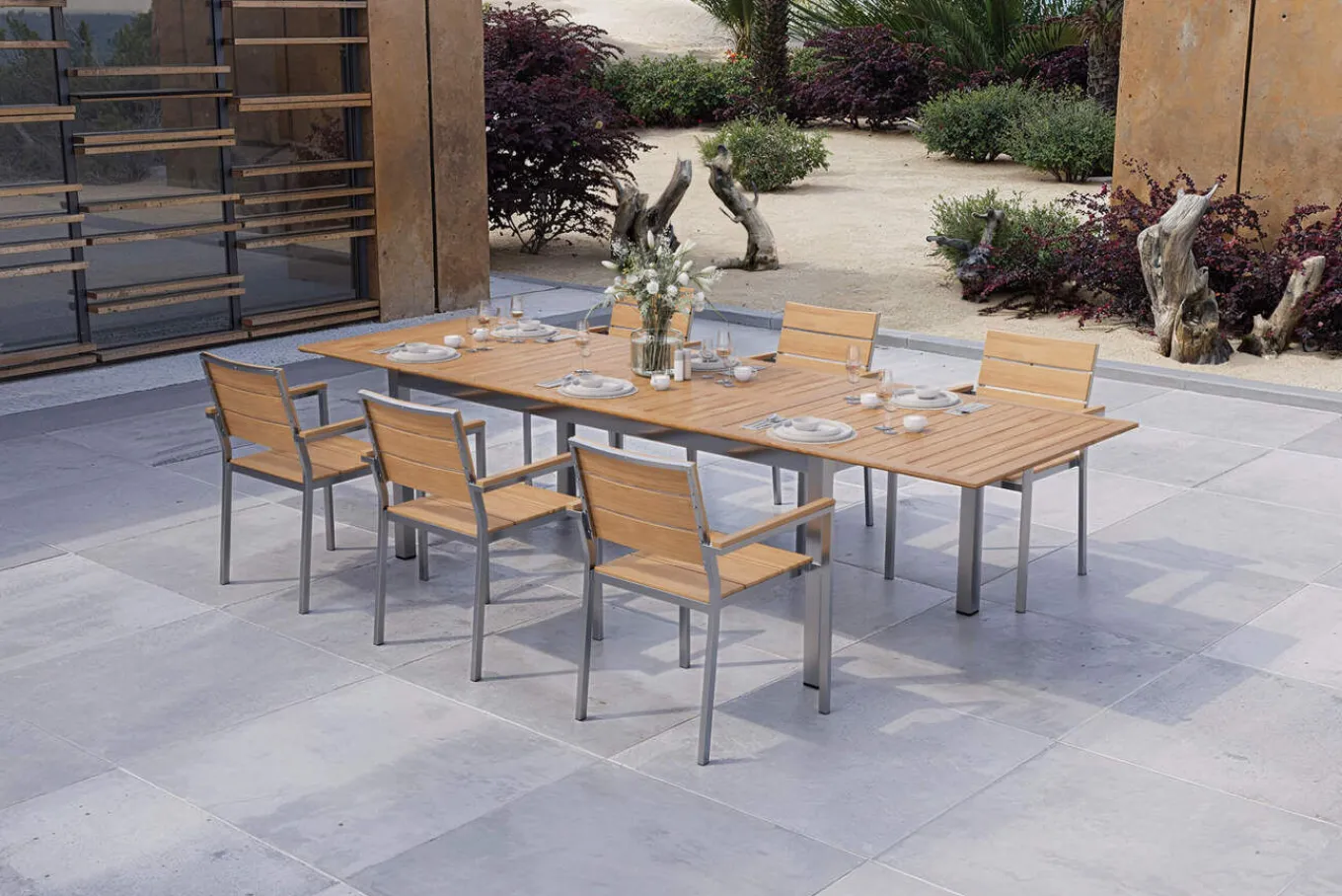 Falun Garten-Essgruppe mit 6 Sesseln, braun, Edelstahl/Teakholz, 200 x 100 cm ausziehbar, stapelbar, FSC®-zertifiziertes Produkt Garten-Essgruppen|Edelstahl-Gartenmöbel