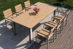 Best Falun Garten-Essgruppe mit 6 Sesseln, braun/silber, Teakholz/Edelstahl, 220/340 x 100 cm, ausziehbar, stapelbar, FSC®-zertifiziertes Produkt Garten-Essgruppen