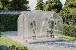 New Flora Gewächshaus, Silber, Aluminium, 250 x 190 x 200 cm, mit Spitzdach Gewächshaus|Aluminium-Gartenmöbel