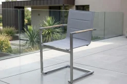 Discount Freischwinger, silber, Edelstahl/Textilene, padded, Armlehnen aus Teakholz Gartenstühle & Gartensessel
