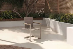 Clearance Freischwinger, taupe, Edelstahl/Textilene, padded, Armlehnen aus Teakholz Edelstahl-Gartenmöbel|Gartenstühle & Gartensessel