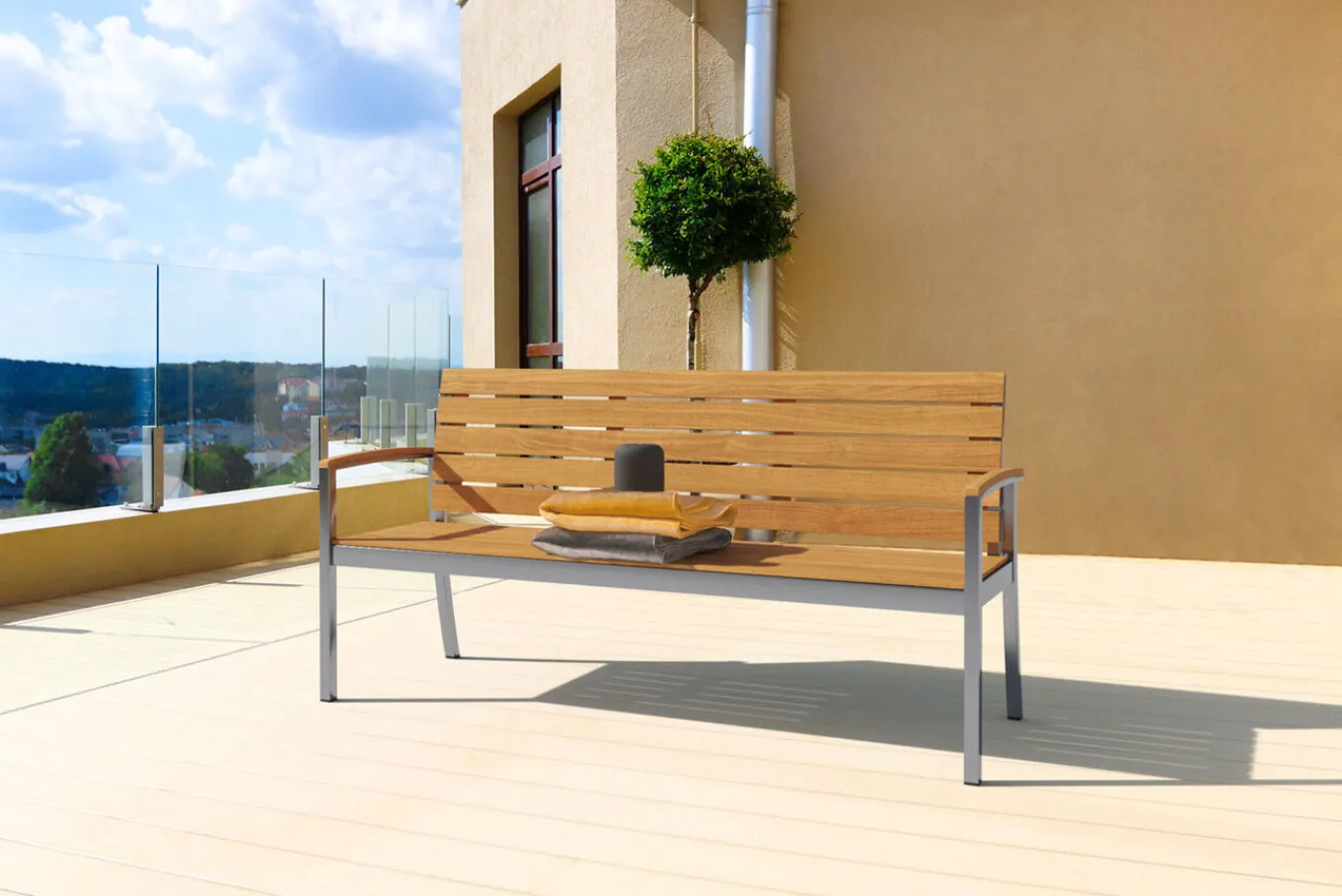 Hot Gartenbank, Teakholz/Edelstahl, 3-Sitzer, 160x55x80cm, FSC®-zertifiziertes Produkt Edelstahl-Gartenmöbel|Gartenbänke & Gartensofas