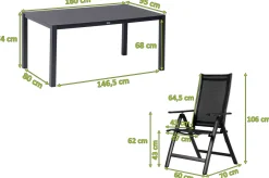 Clearance Garten-Essgruppe, anthrazit matt, Alu/Spraystone/Textilen, 160x95 cm, 6 Klappstühle, verstellbar Garten-Essgruppen