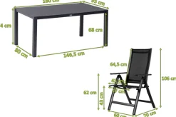 Clearance Garten-Essgruppe, anthrazit matt, Alu/Spraystone/Textilen, 160x95 cm, 6 Klappstühle, verstellbar Garten-Essgruppen