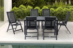 Clearance Garten-Essgruppe, anthrazit matt, Alu/Spraystone/Textilen, 160x95 cm, 6 Klappstühle, verstellbar Garten-Essgruppen