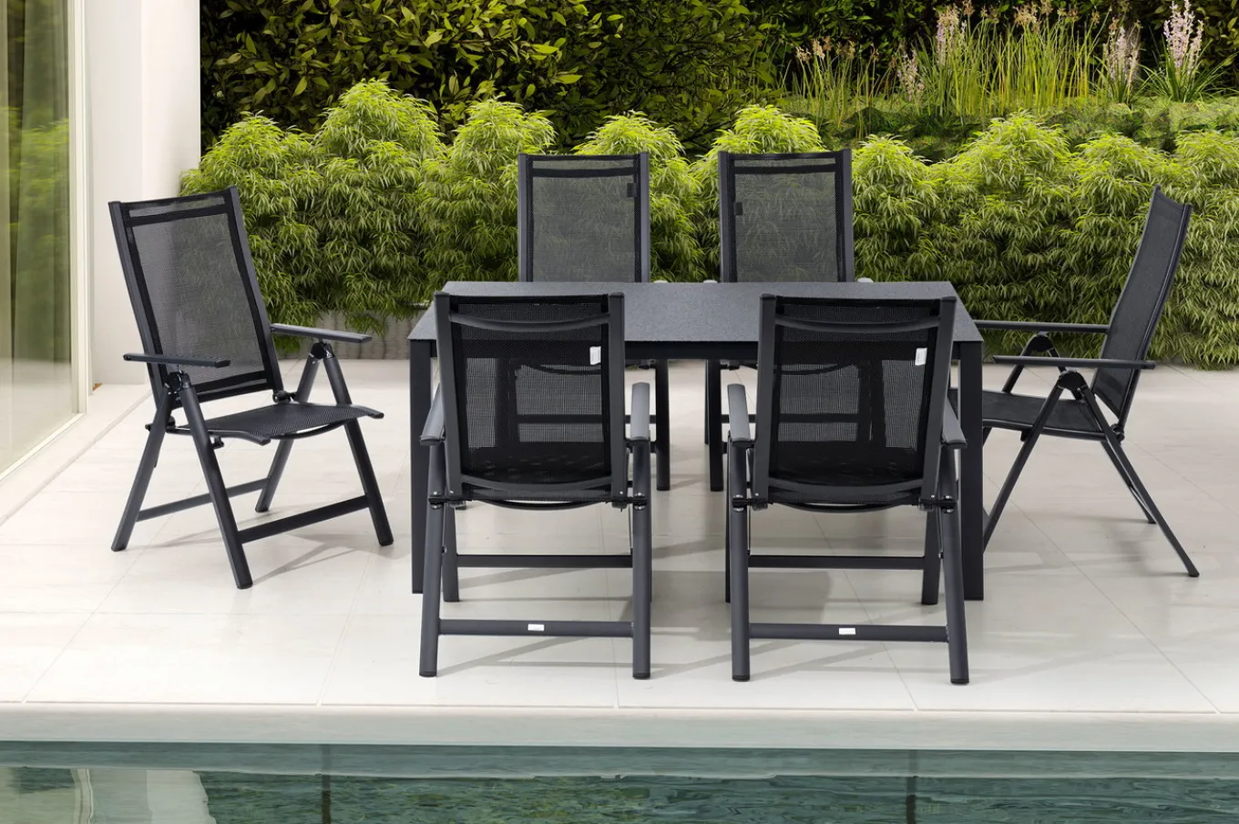 Clearance Garten-Essgruppe, anthrazit matt, Alu/Spraystone/Textilen, 160x95 cm, 6 Klappstühle, verstellbar Garten-Essgruppen