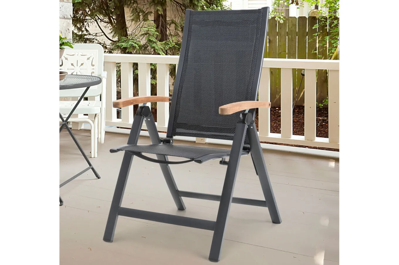 Sale Garten-Essgruppe, anthrazit matt, Alu/Spraystone/Textilen, 160x95 cm, 6 Klappstühle, Teak Armlehnen Aluminium-Gartenmöbel