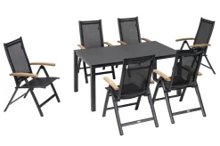 Sale Garten-Essgruppe, anthrazit matt, Alu/Spraystone/Textilen, 160x95 cm, 6 Klappstühle, Teak Armlehnen Aluminium-Gartenmöbel