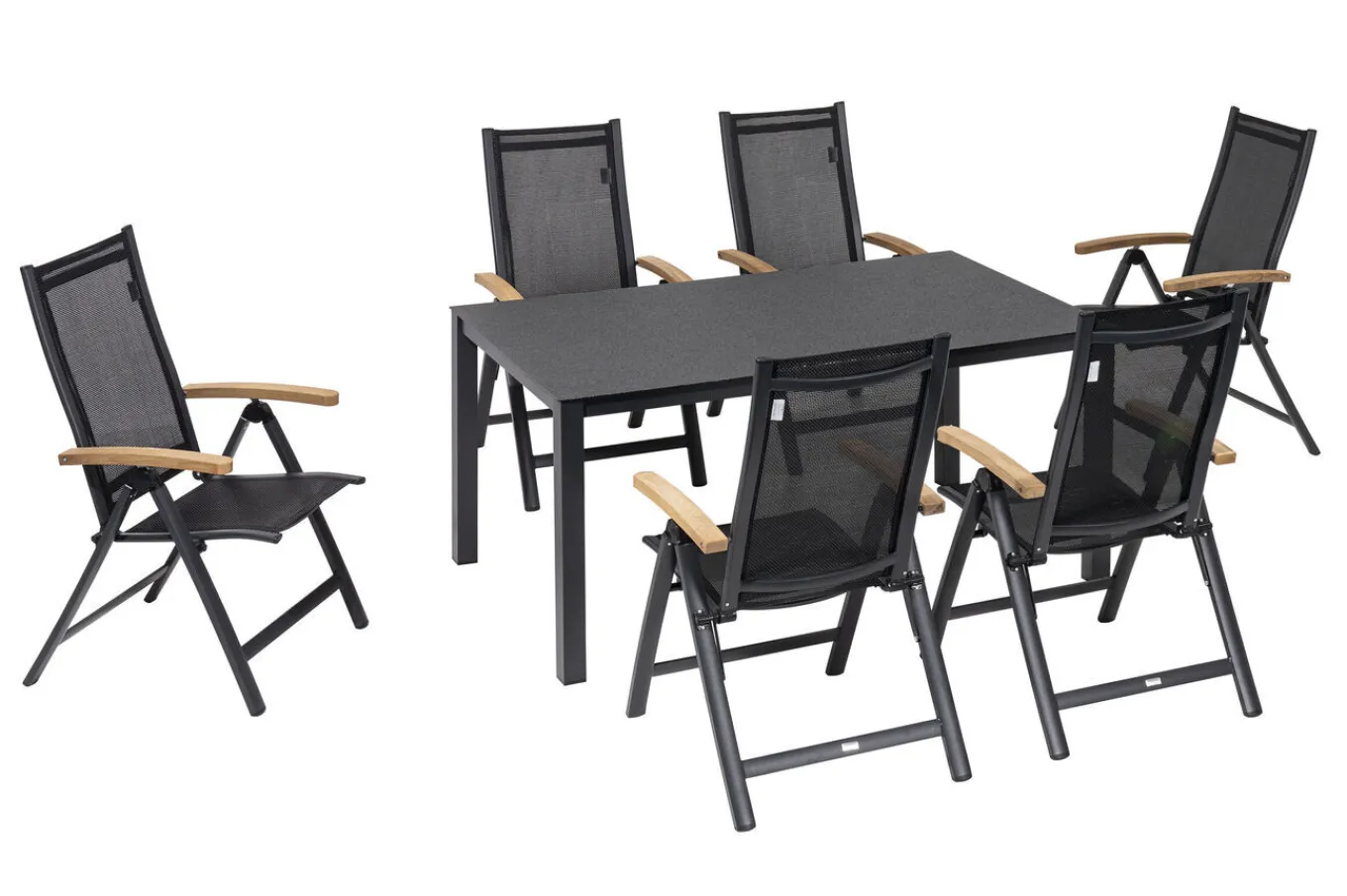Sale Garten-Essgruppe, anthrazit matt, Alu/Spraystone/Textilen, 160x95 cm, 6 Klappstühle, Teak Armlehnen Aluminium-Gartenmöbel
