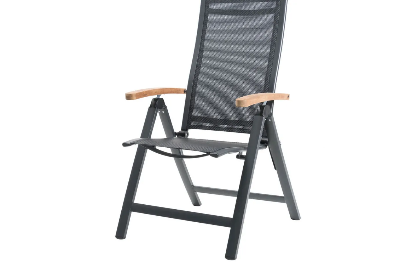 Sale Garten-Essgruppe, anthrazit matt, Alu/Spraystone/Textilen, 160x95 cm, 6 Klappstühle, Teak Armlehnen Aluminium-Gartenmöbel