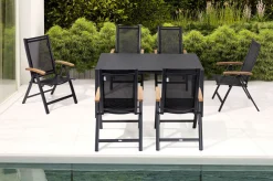 Sale Garten-Essgruppe, anthrazit matt, Alu/Spraystone/Textilen, 160x95 cm, 6 Klappstühle, Teak Armlehnen Aluminium-Gartenmöbel