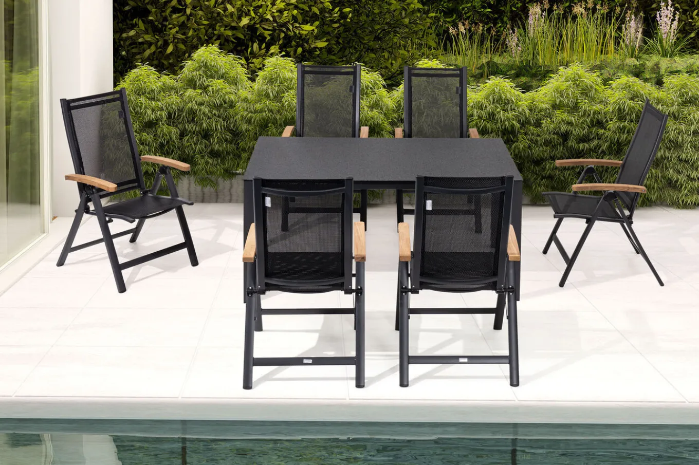 Sale Garten-Essgruppe, anthrazit matt, Alu/Spraystone/Textilen, 160x95 cm, 6 Klappstühle, Teak Armlehnen Aluminium-Gartenmöbel
