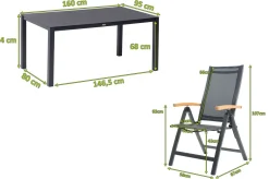 Online Garten-Essgruppe, anthrazit matt/grau/schwarz, Alu/Spraystone/Textilen, 160 x 95 cm, 6 Klappstühle Aluminium-Gartenmöbel