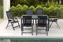 Online Garten-Essgruppe, anthrazit matt/grau/schwarz, Alu/Spraystone/Textilen, 160 x 95 cm, 6 Klappstühle Aluminium-Gartenmöbel