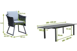 Garten-Essgruppe, anthrazit, Aluminium, Ausziehtisch 180/270x100 cm, 8 Sessel Garten-Essgruppen|Aluminium-Gartenmöbel
