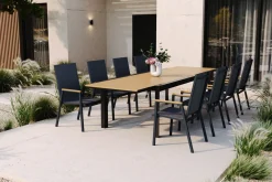 Hot Garten-Essgruppe, Anthrazit Matt/Teak, Aluminium/Teakholz/Textilene, Ausziehtisch 200/320 x 100 cm, 8 Stapelsessel Garten-Essgruppen