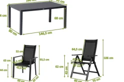 Discount Garten-Essgruppe, anthrazit matt, Alu/Spraystone/Textilen, 160 x 95 cm, 4 Stapelsessel, 2 Klappstühle Garten-Essgruppen