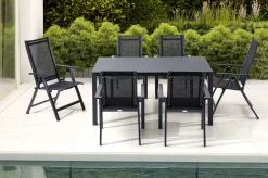 Discount Garten-Essgruppe, anthrazit matt, Alu/Spraystone/Textilen, 160 x 95 cm, 4 Stapelsessel, 2 Klappstühle Garten-Essgruppen