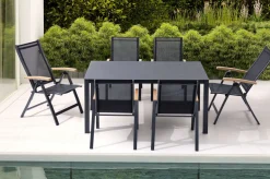 New Garten-Essgruppe, anthrazit matt/grau/schwarz, Alu/Spraystone/Textilen, 160 x 95 cm, 4 Stapelstühle, 2 Klappstühle Garten-Essgruppen