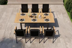 Hot Garten-Essgruppe, anthrazit matt, Alu/Teak/Textilene, Tisch 150/210 x 90 cm, 6 Stapelsessel Garten-Essgruppen|Aluminium-Gartenmöbel