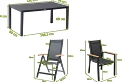 Discount Garten-Essgruppe, anthrazit matt, Alu/Spraystone/Textilen, 160x95 cm, 4 Sessel, 2 Klappstühle, Teak Armlehnen Garten-Essgruppen