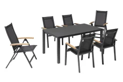 Discount Garten-Essgruppe, anthrazit matt, Alu/Spraystone/Textilen, 160x95 cm, 4 Sessel, 2 Klappstühle, Teak Armlehnen Garten-Essgruppen