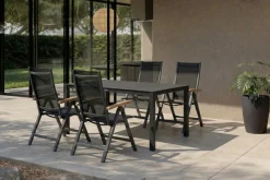 Outlet Garten-Essgruppe, anthrazit matt, Aluminium/Spraystone, 160 x 95 cm, 4 Klappstühle, mit Teak-Armlehnen Garten-Essgruppen