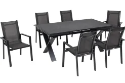 Clearance Garten-Essgruppe, anthrazit, Alu / Keramik / Textil, 180/280x100cm, 6 Stapelsessel Garten-Essgruppen|Aluminium-Gartenmöbel