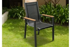 Online Garten-Essgruppe, anthrazit matt, Alu/Spraystone/Textilen, 160x95 cm, 4 Sessel, Teak Armlehnen Garten-Essgruppen