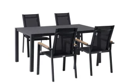 Online Garten-Essgruppe, anthrazit matt, Alu/Spraystone/Textilen, 160x95 cm, 4 Sessel, Teak Armlehnen Garten-Essgruppen