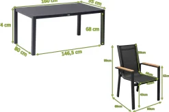 Online Garten-Essgruppe, anthrazit matt, Alu/Spraystone/Textilen, 160x95 cm, 4 Sessel, Teak Armlehnen Garten-Essgruppen