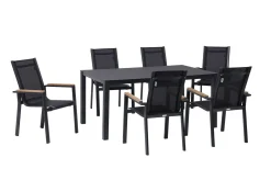 Best Garten-Essgruppe, anthrazit matt, Alu/Spraystone/Textilen, 160x95 cm, 6 Sessel, Teak Armlehnen Garten-Essgruppen