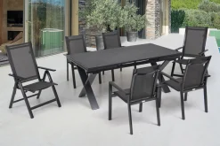 Sale Garten-Essgruppe, anthrazit, Alu / Keramik / Textil, 180/280x100cm, 2 Klappstühle, 4 Stapelsessel Garten-Essgruppen|Aluminium-Gartenmöbel