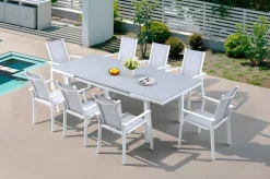 Sale Garten-Essgruppe, creme/weiß, Alu/Textilene, Ausziehtisch 180/240 x 100 cm, inkl. 8 Stapelsessel Garten-Essgruppen|Aluminium-Gartenmöbel