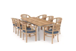 Sale Garten-Essgruppe, Edelstahl/recyceltes Teak, 200/260x100 cm, 8 Armlehnensessel, inkl. Polster, FSC®-zertifiziertes Produkt Garten-Essgruppen