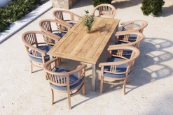 Sale Garten-Essgruppe, Edelstahl/recyceltes Teak, 200/260x100 cm, 8 Armlehnensessel, inkl. Polster, FSC®-zertifiziertes Produkt Garten-Essgruppen