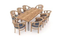 Sale Garten-Essgruppe, Edelstahl/recyceltes Teak, 200/260x100 cm, 8 Armlehnensessel, inkl. Polster, FSC®-zertifiziertes Produkt Garten-Essgruppen