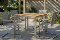 Clearance Garten-Essgruppe, Edelstahl/recyceltes Teak, Tisch 90 x 90 cm, 4 Freischwinger padded, silber, FSC®-zertifiziertes Produkt Garten-Essgruppen
