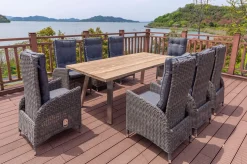 New Garten-Essgruppe, Edelstahl/recyceltes Teak, Tisch 220x100 cm, 8 Hochlehner- Diningsessel, A-Gestell, FSC®-zertifiziertes Produkt Polyrattan-Gartenmöbel|Edelstahl-Gartenmöbel