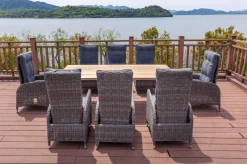 New Garten-Essgruppe, Edelstahl/recyceltes Teak, Tisch 220x100 cm, 8 Hochlehner- Diningsessel, A-Gestell, FSC®-zertifiziertes Produkt Polyrattan-Gartenmöbel|Edelstahl-Gartenmöbel